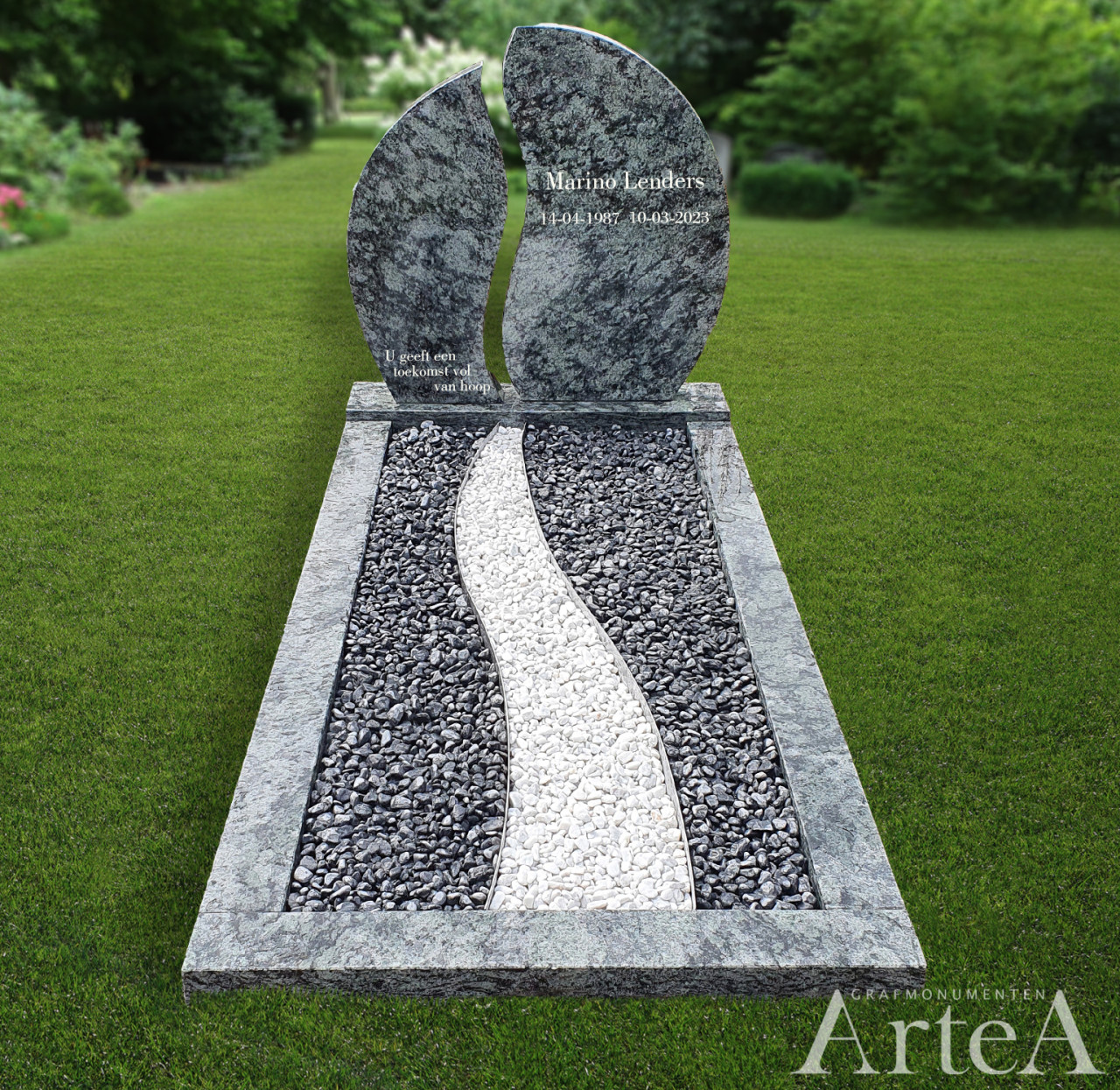 grafmonument met ronde vormen en levensweg