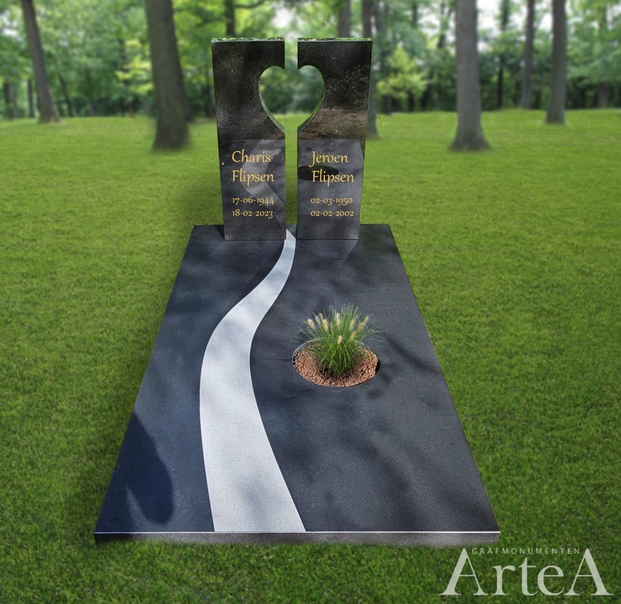 grafsteen met doorkijk hart en levensweg