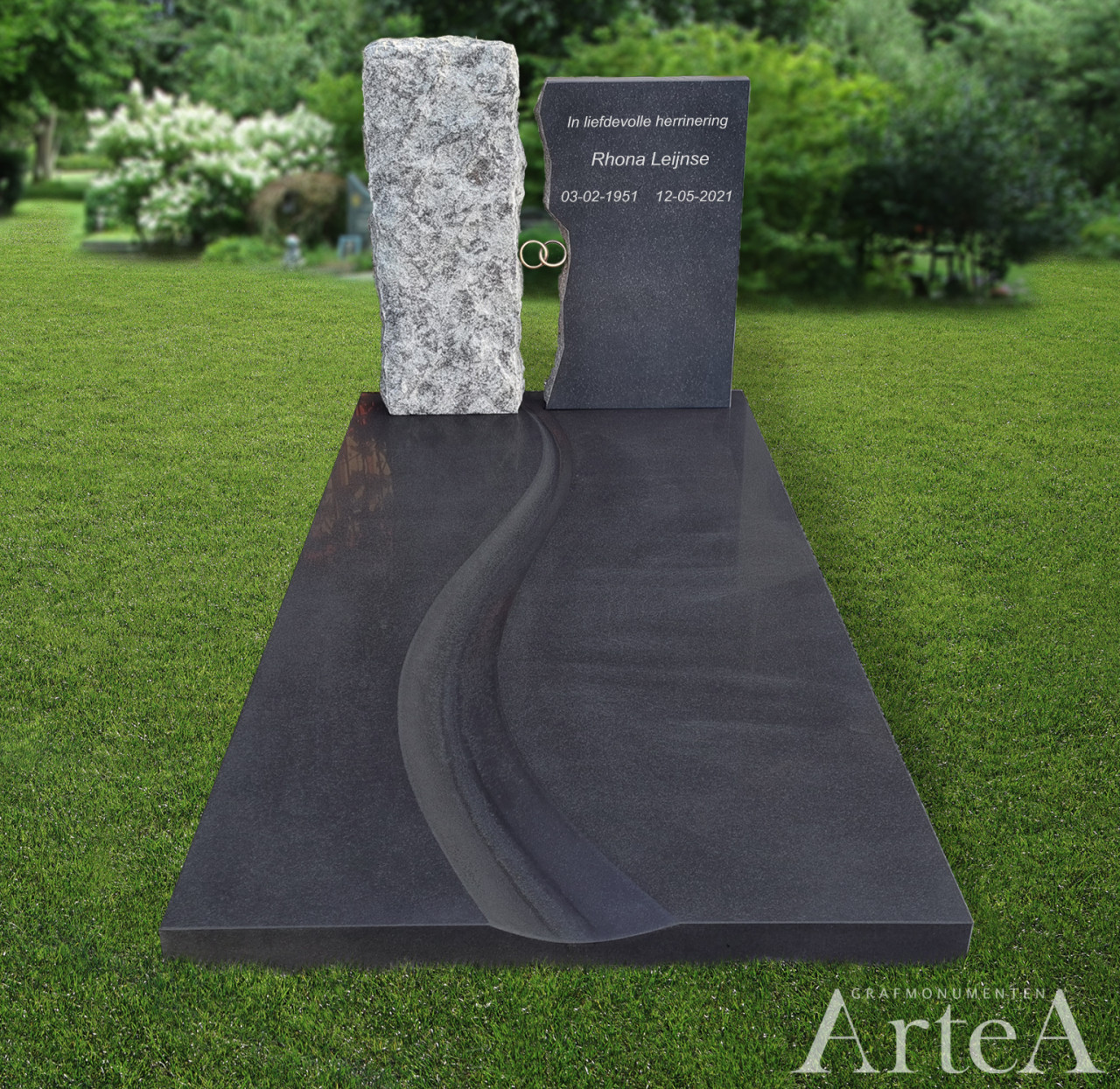 grafsteen met ruwe zuil en zwart graniet