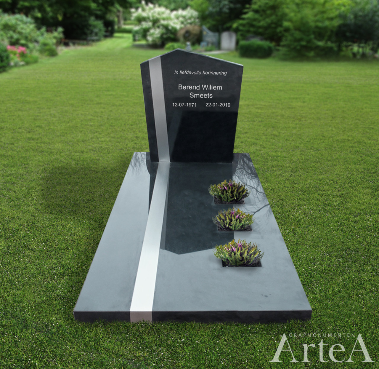 Grafsteen van zwart graniet en rvs strook