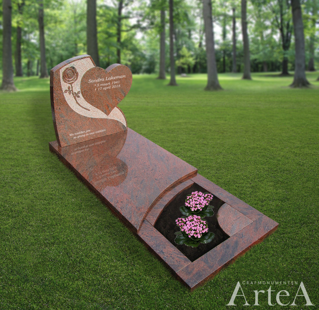 Grafsteen met rood graniet en hart grafmonument met tuin en planten