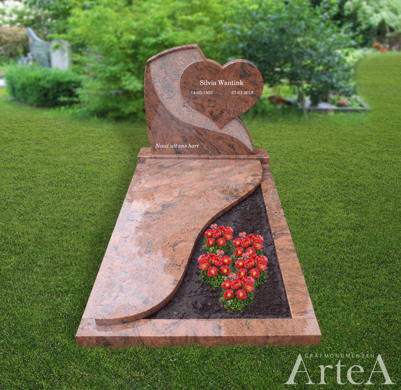 Grafsteen met rood graniet en hart grafmonument met tuin en planten