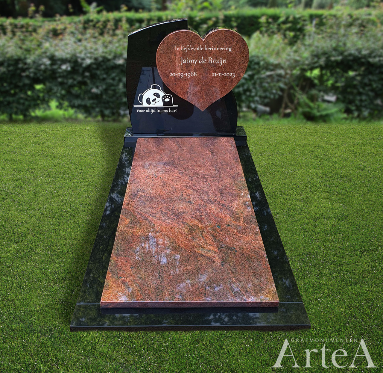 grafsteen met afbeelding pandabeer en hartvorm