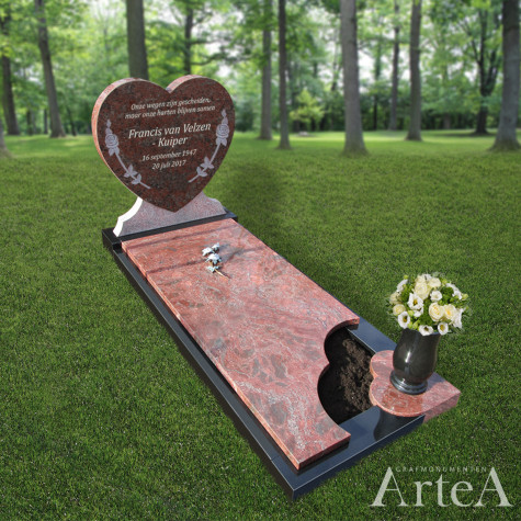 Grafsteen met rood hart graniet
