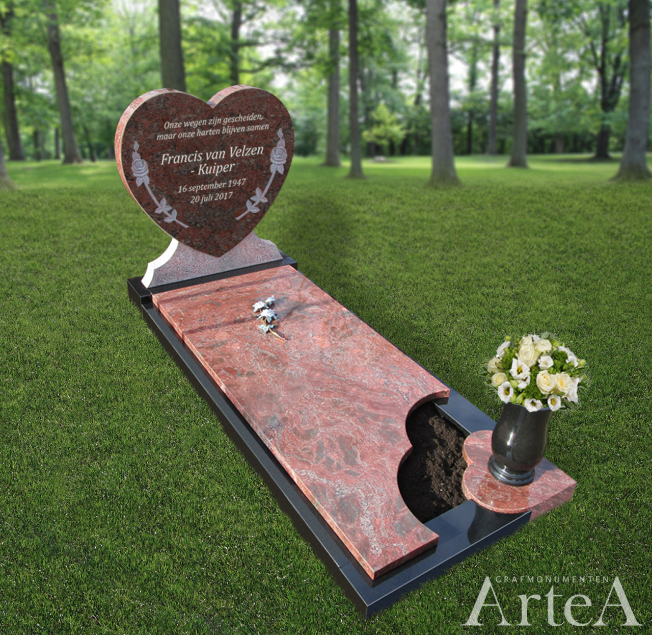 Grafsteen met rood hart graniet