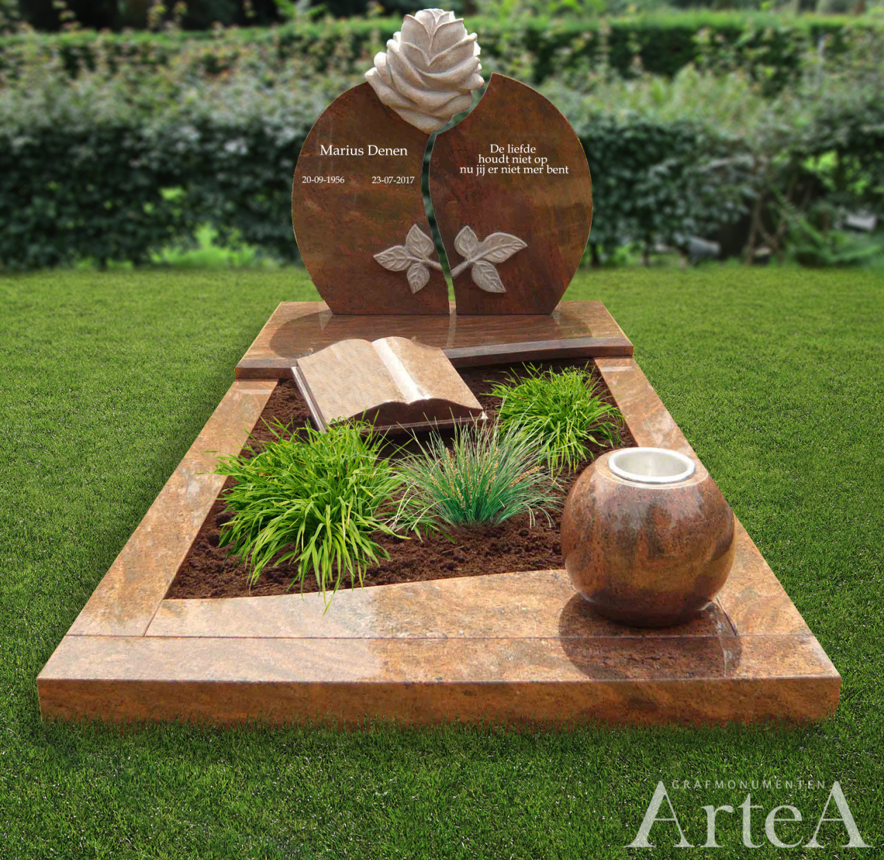 Grafsteen met roos en rood graniet grafmonument met tuin en planten