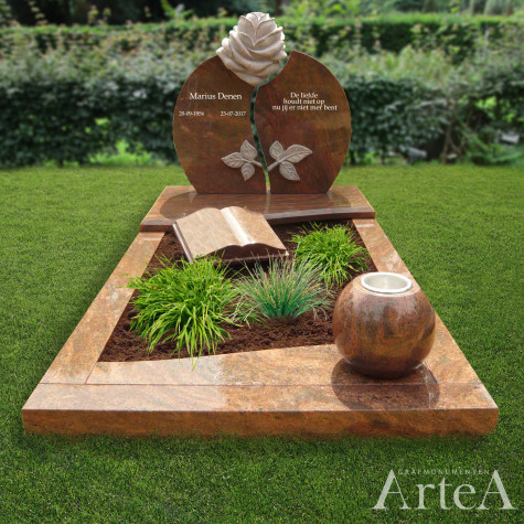 Grafsteen met roos en rood graniet grafmonument met tuin en planten