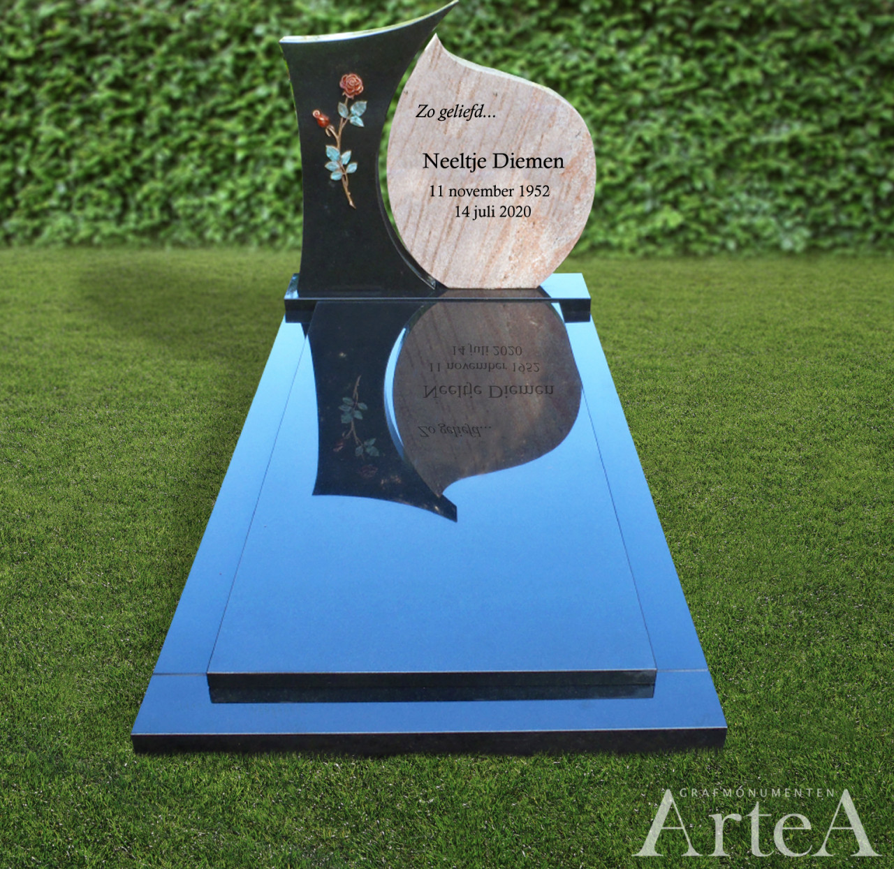 GRafsteen met roos grasfmonument basis maar elegant zwart en beige graniet