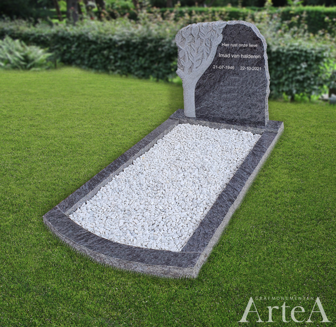 Grafsteen met ruwe kant en boom graniet