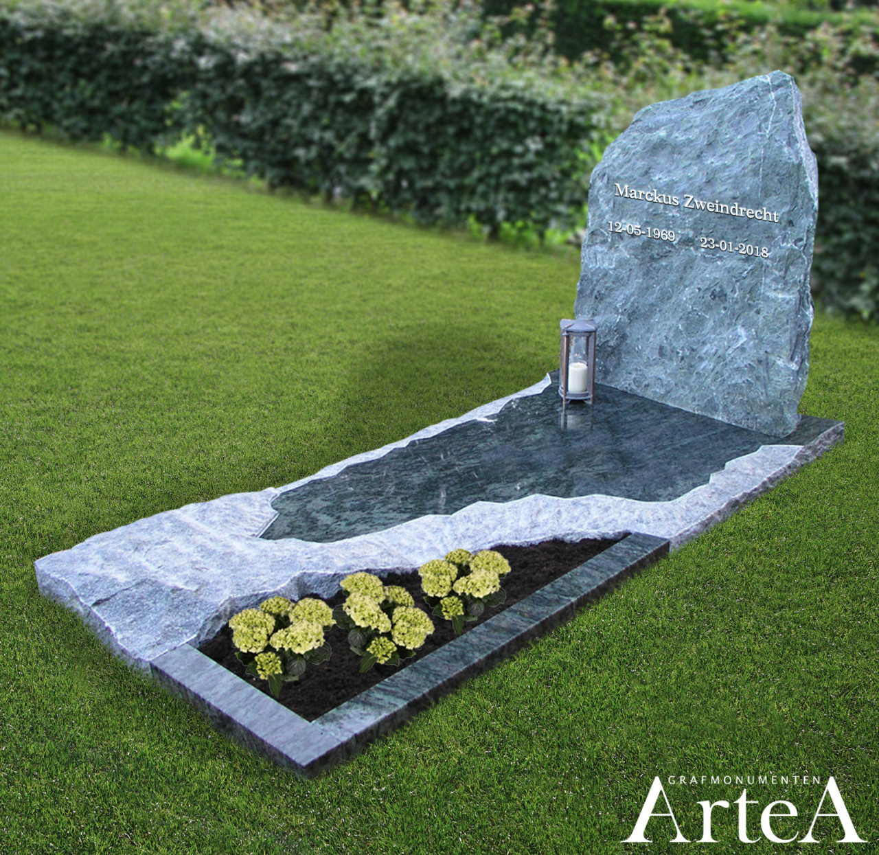 Grafsteen met ruwe kei grafsteen met blauw grijs graniet