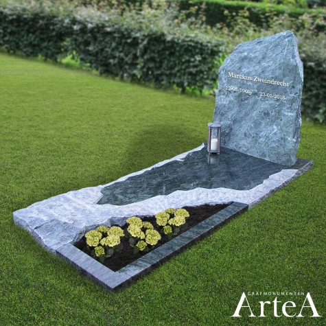 Grafsteen met ruwe kei grafsteen met blauw grijs graniet