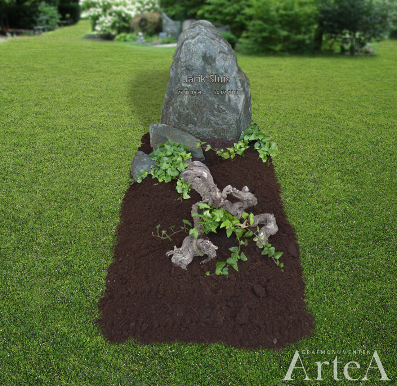 Grafsteen met ruwe kei en kleine keien