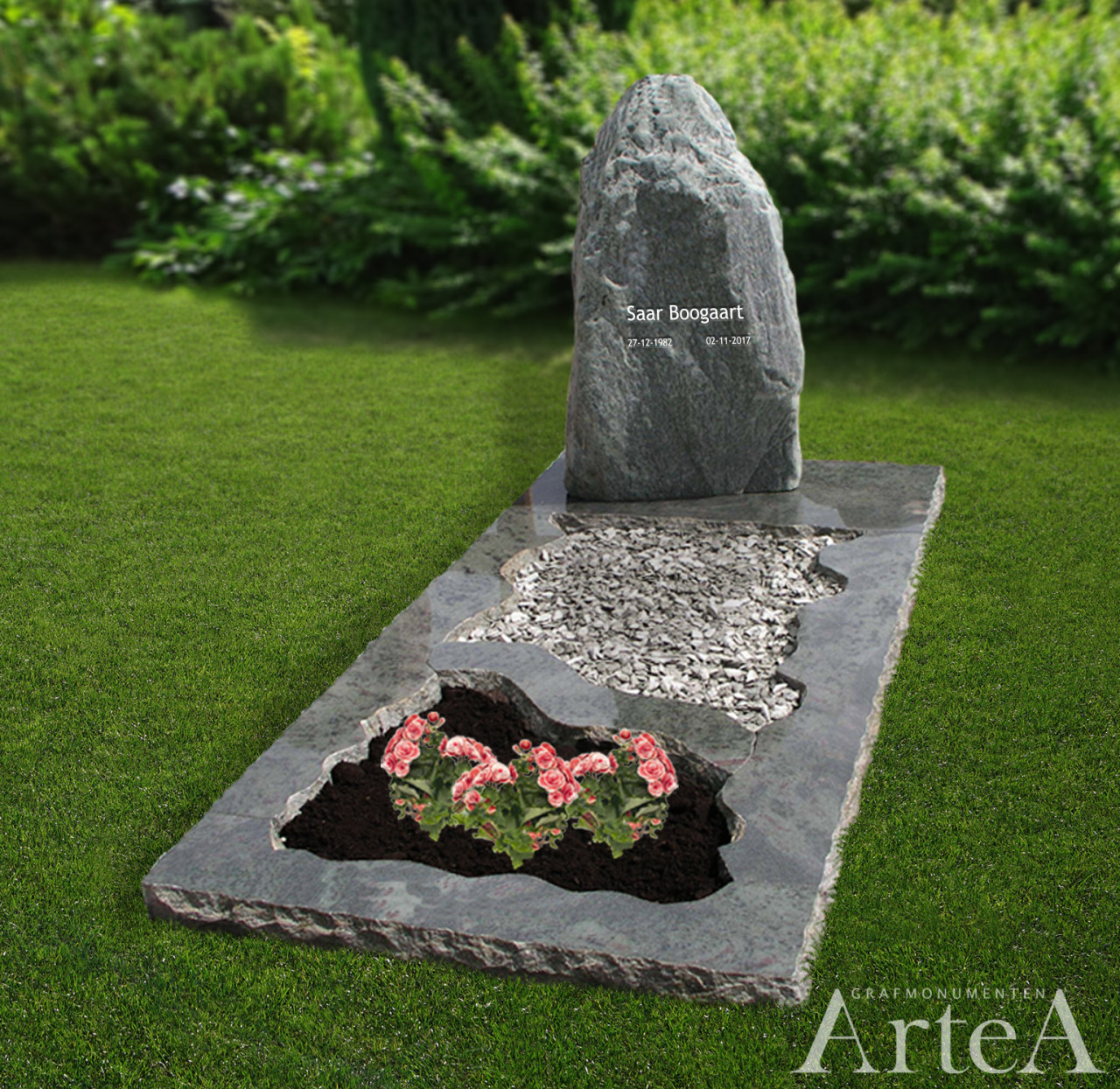 Grafsteen met ruwe steen en glad graniet grafmonument met tuin