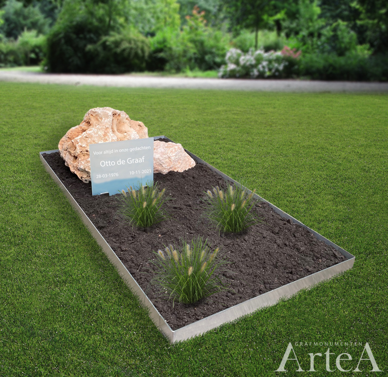 grafsteen met rand van rvs rots en glasplaat