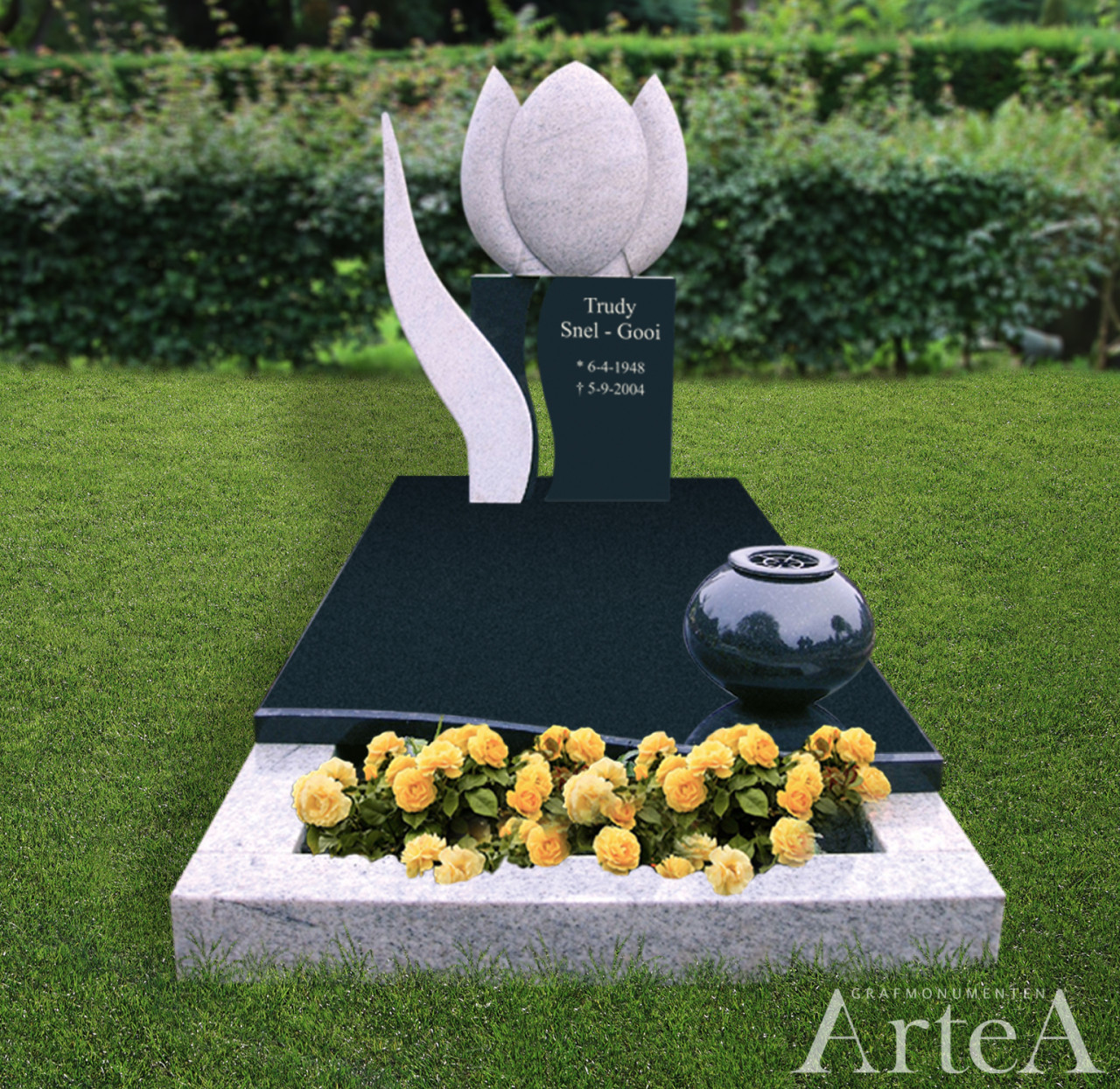 Grafsteen met tulp en zwart graniet grafmonument met tuin en planten