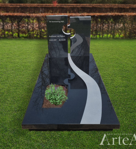 Grafsteen met twee zuilen van zwart graniet