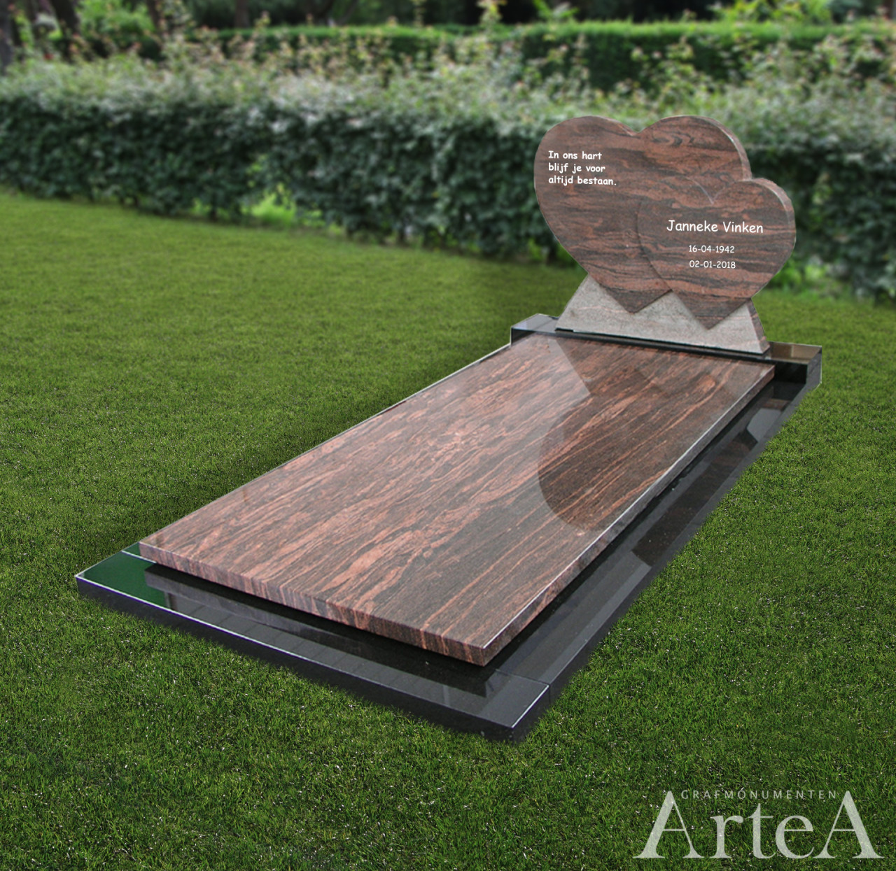 Grafsteen met twee harten grafmonument met hart en zwart en rood graniet basis en goedkoop