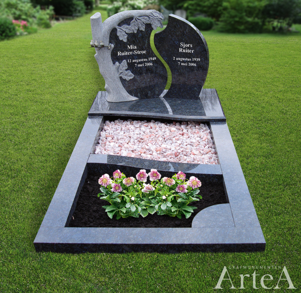 grafmonument met boom en vogeltjes