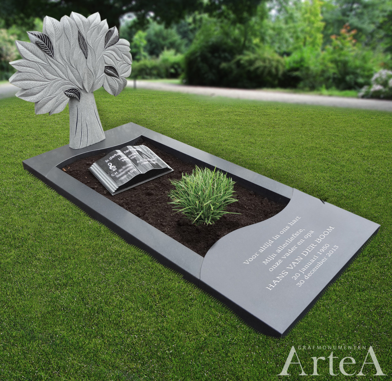 grafsteen met gebeeldhouwde boom