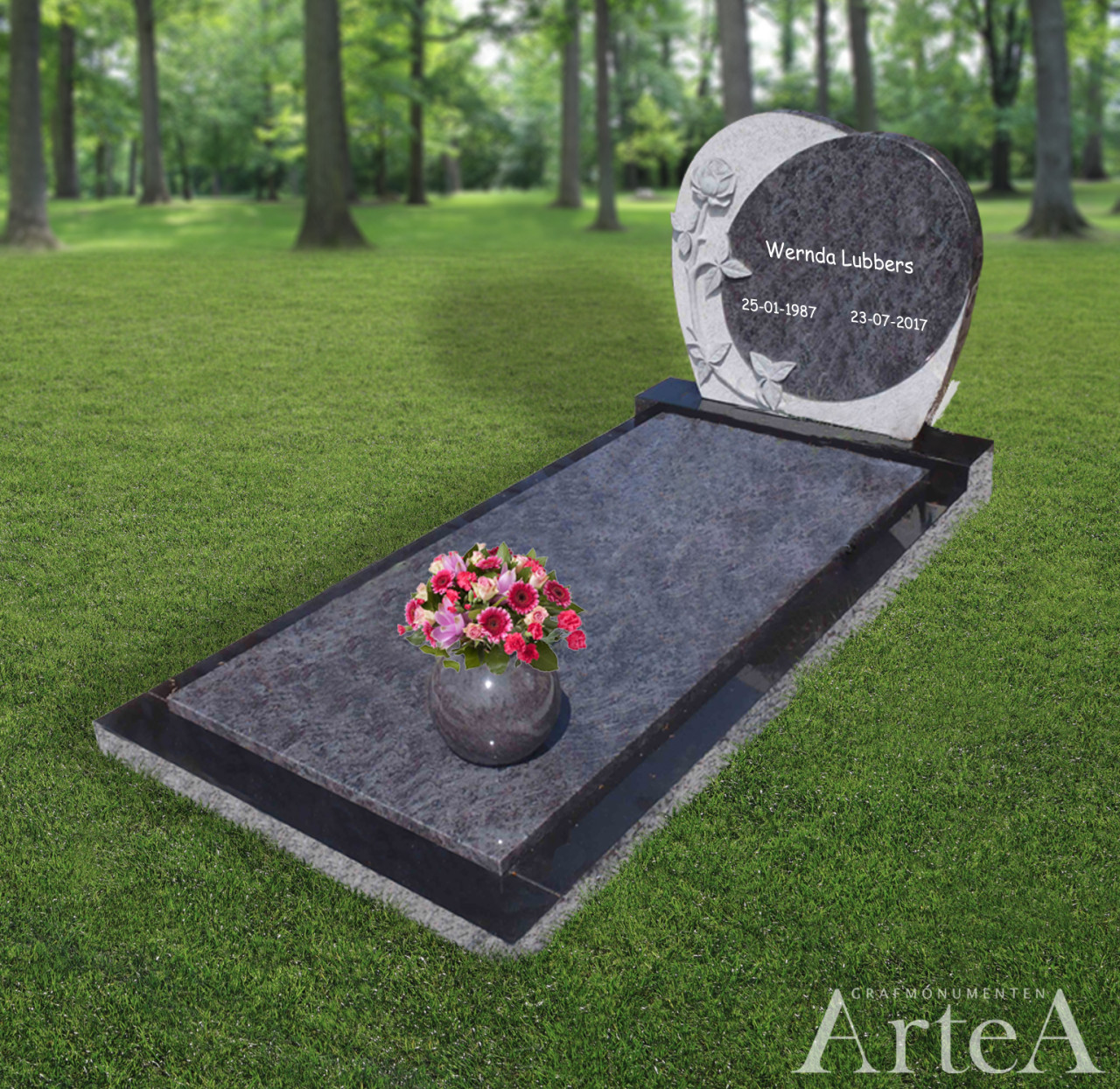 Grafsteen met roos en uitgekapt ruw stuk grafmonument van graniet zwart grijs en blauw