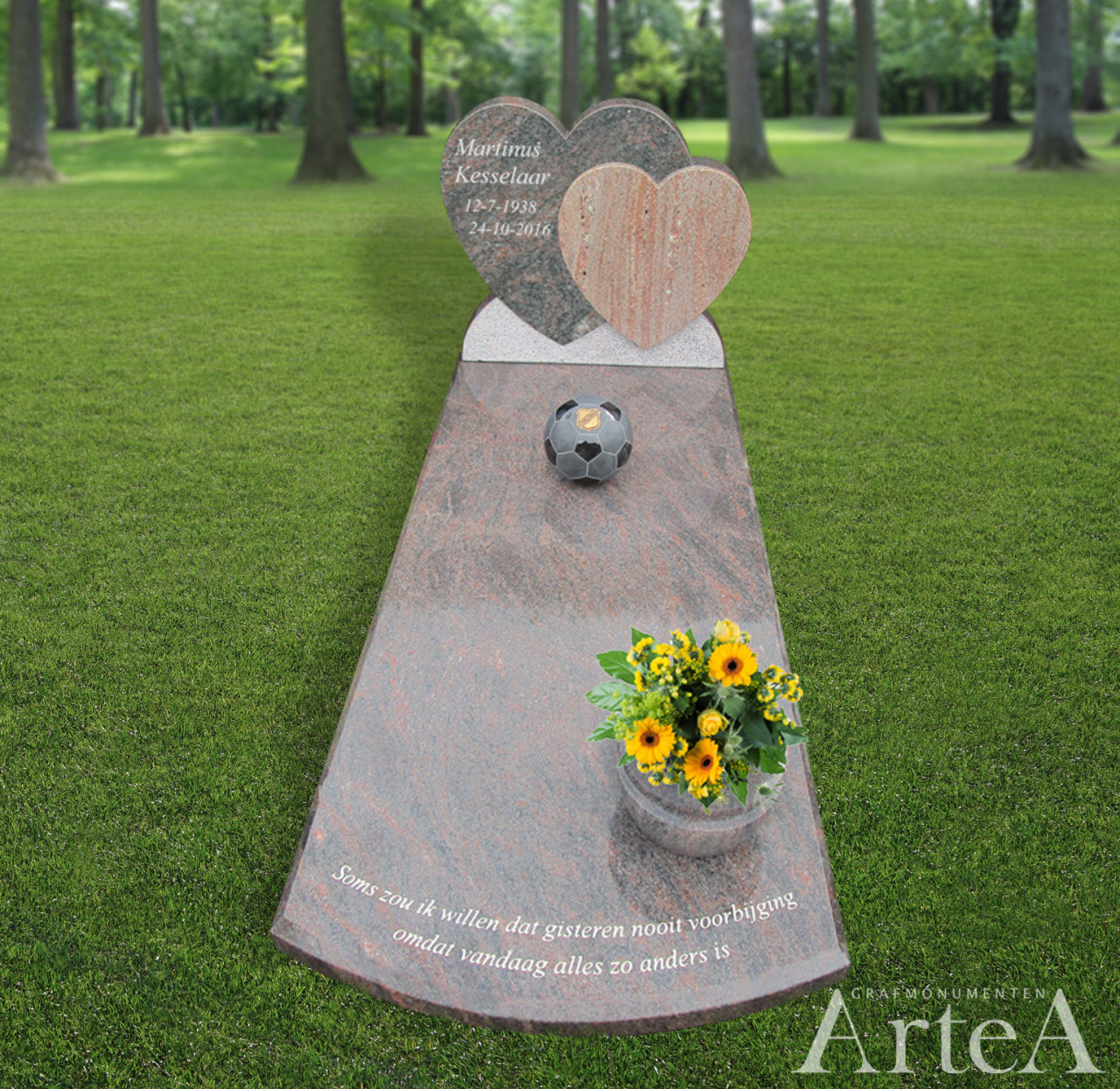 Grafsteen met voetbal en hart grafmonument met harten traditioneel van graniet