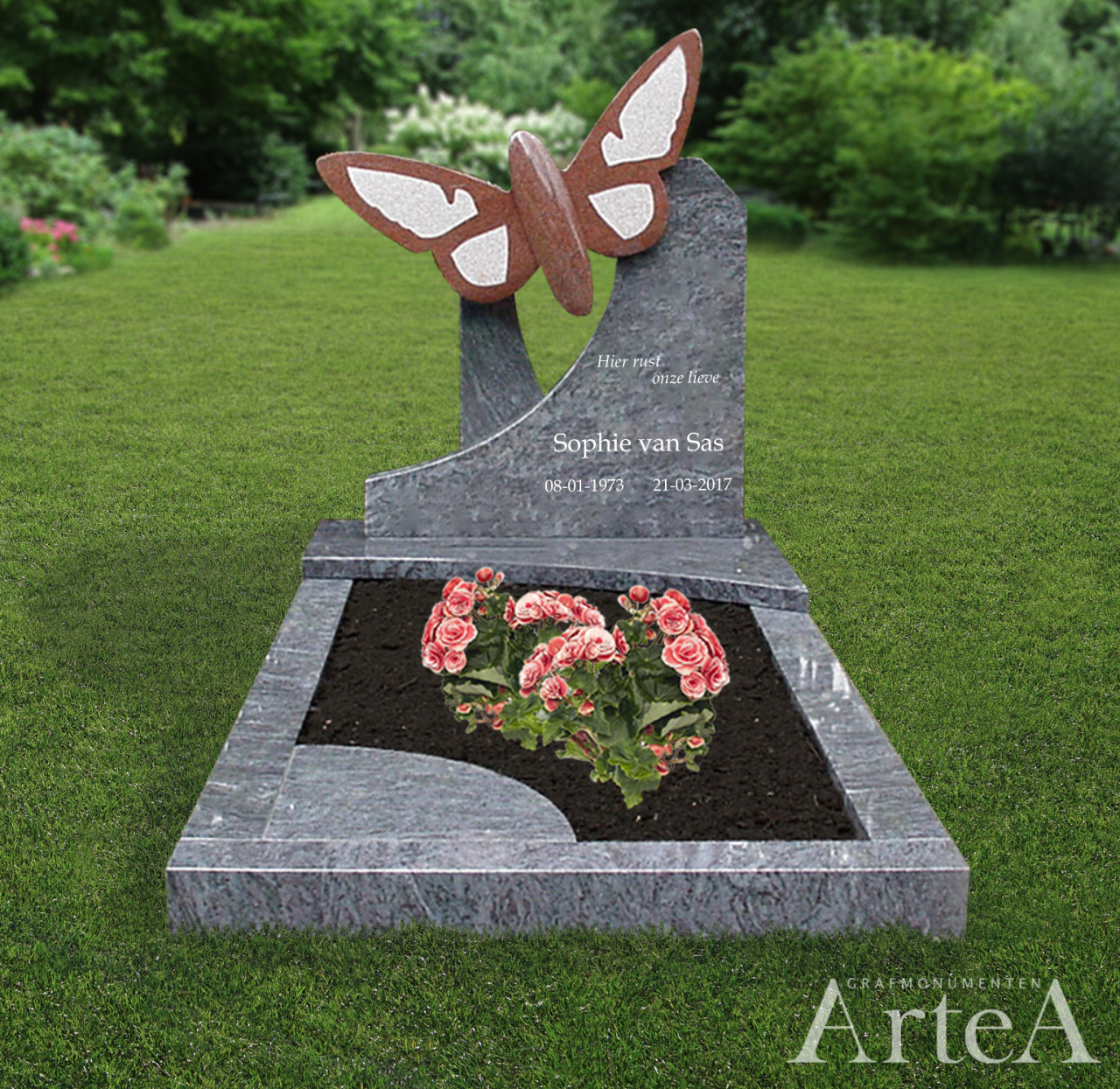 Korte grafsteen met vlinder
