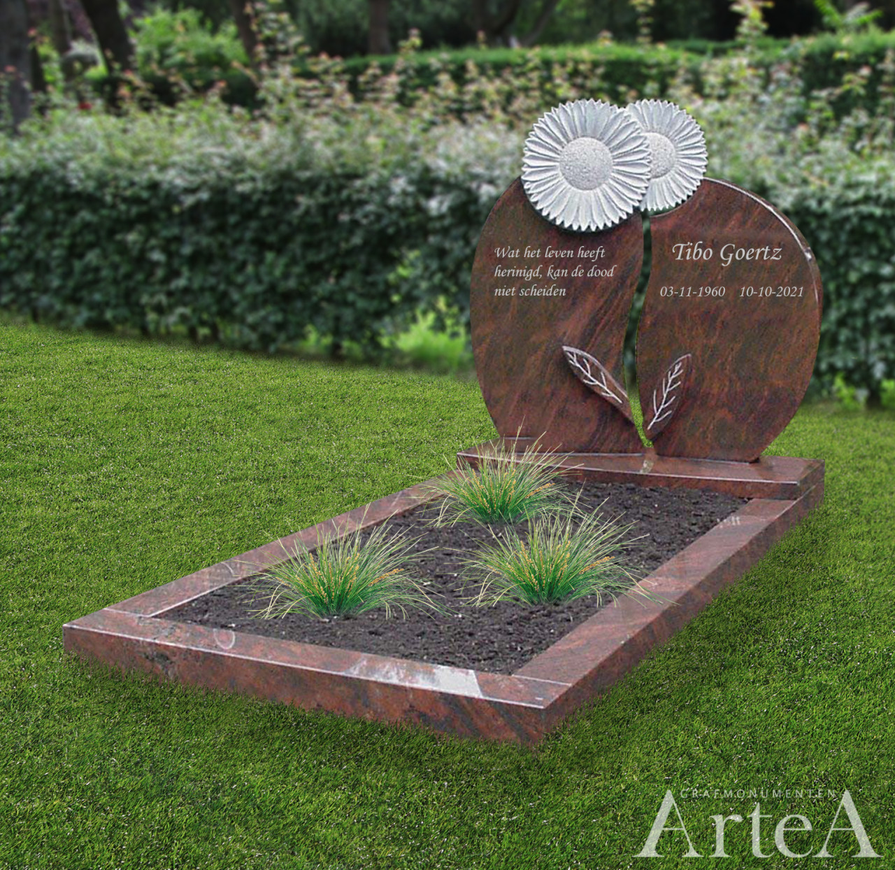 Grafsteen met zonnebloemen rood graniet traditioneel basis en goedkoop van graniet