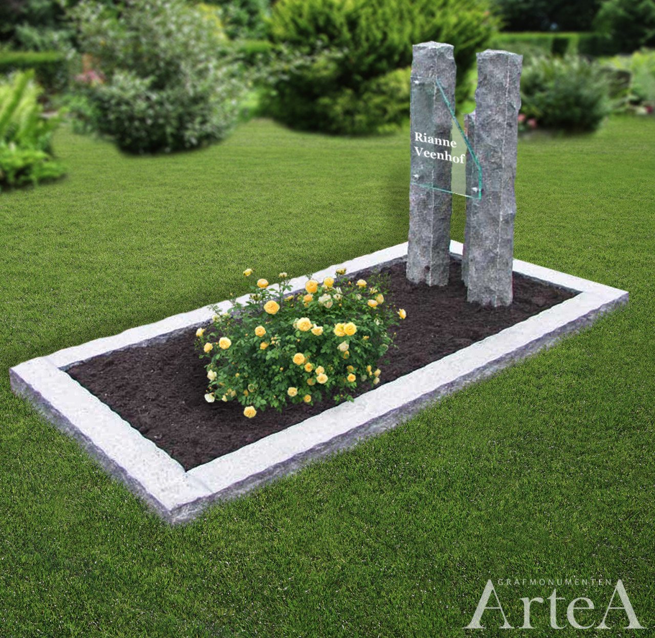 Grafsteen met zuilen ruwgekapt grafmonument van graniet met tuin
