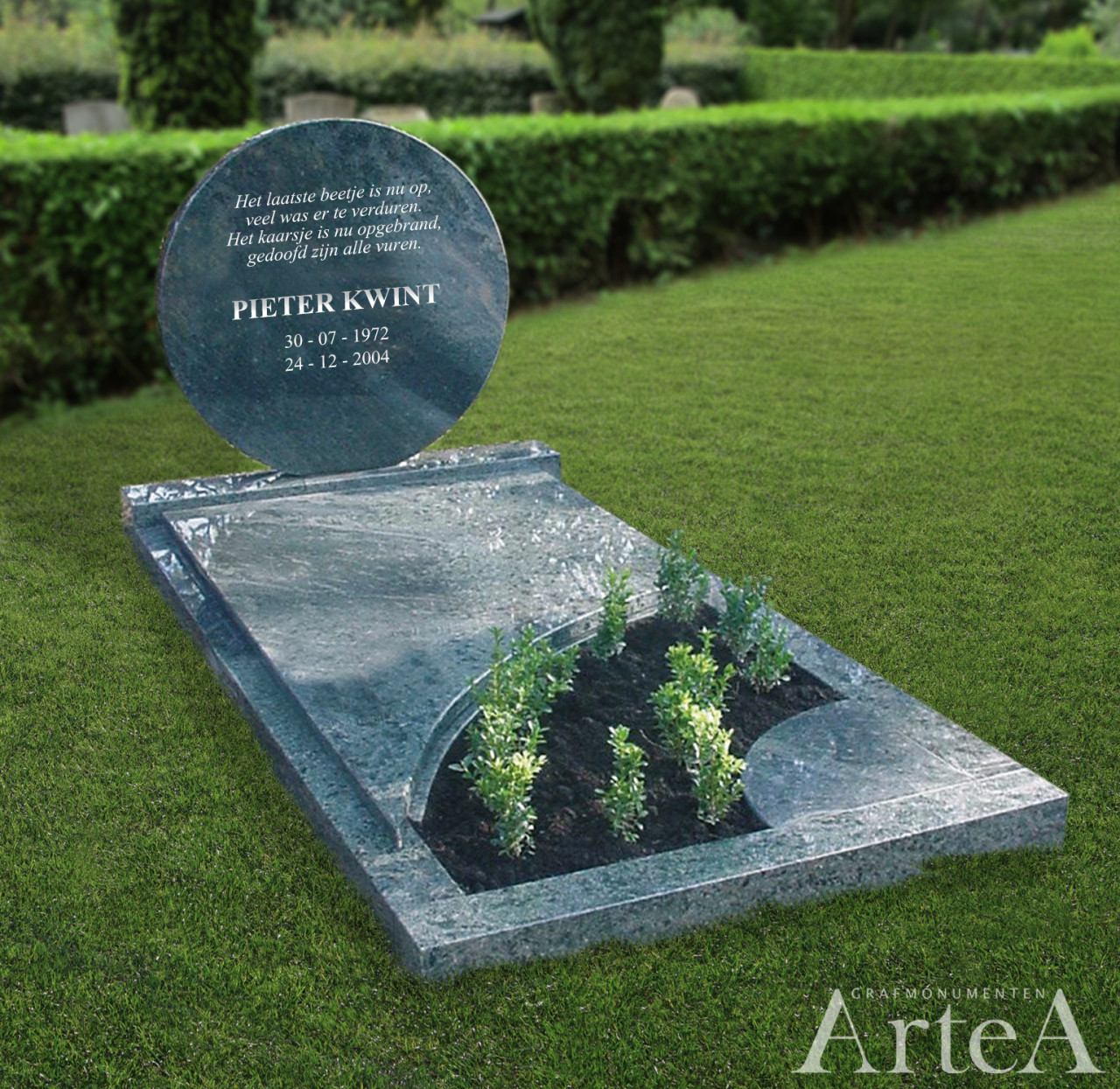 Grafsteen rond met tuin en planten grafsteen van graniet