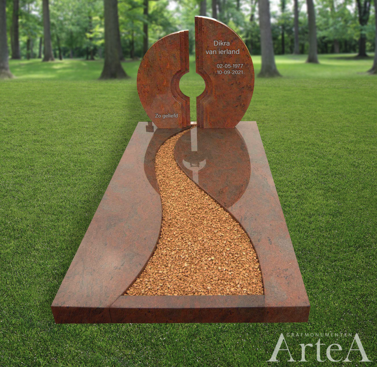 Grafsteen rood graniet basis traditioneel en goedkoop met tuin