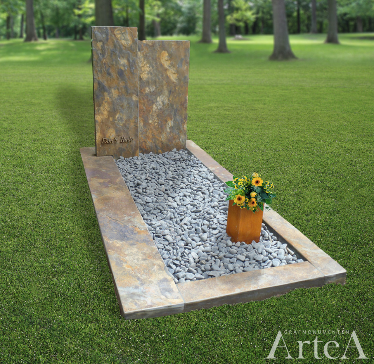 Grafsteen met ruwe rots en ruwe kei