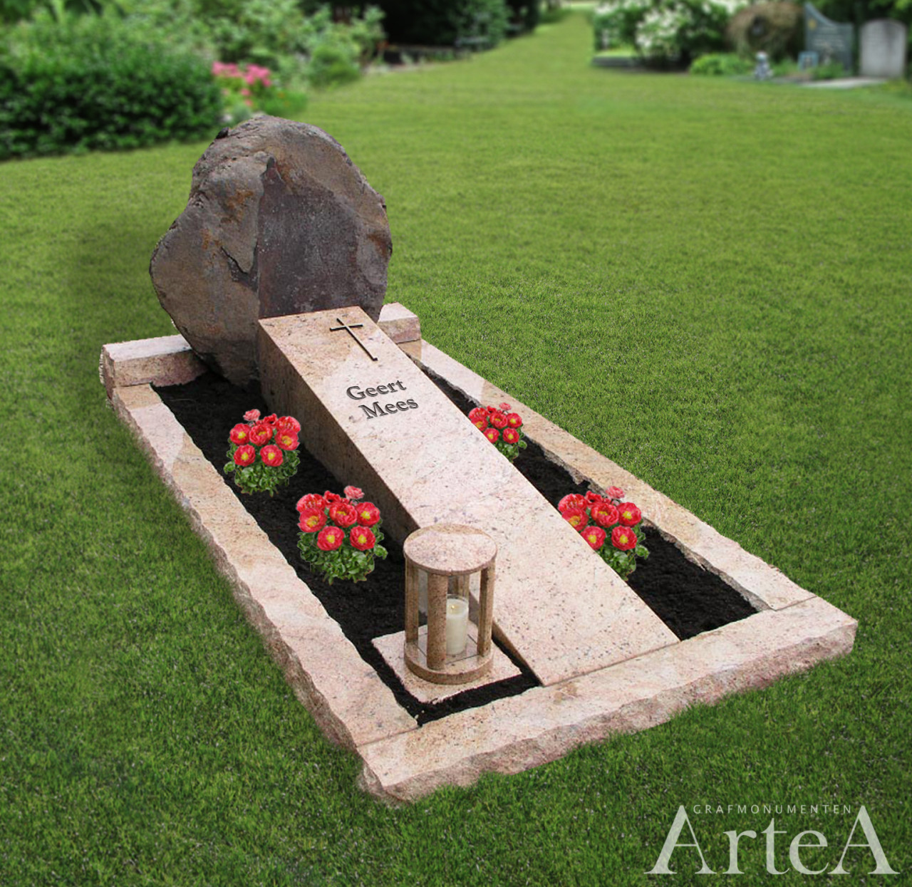 Grafsteen ruwgekapte grote kei met granieten onderdelen