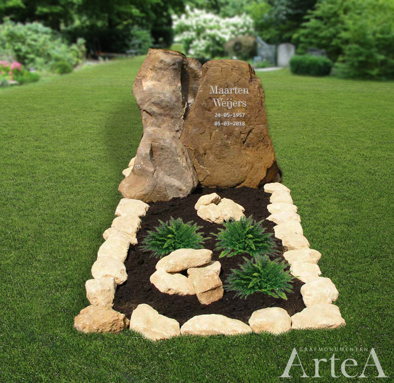 Grafstenen ruwgekapte keien met tuin
