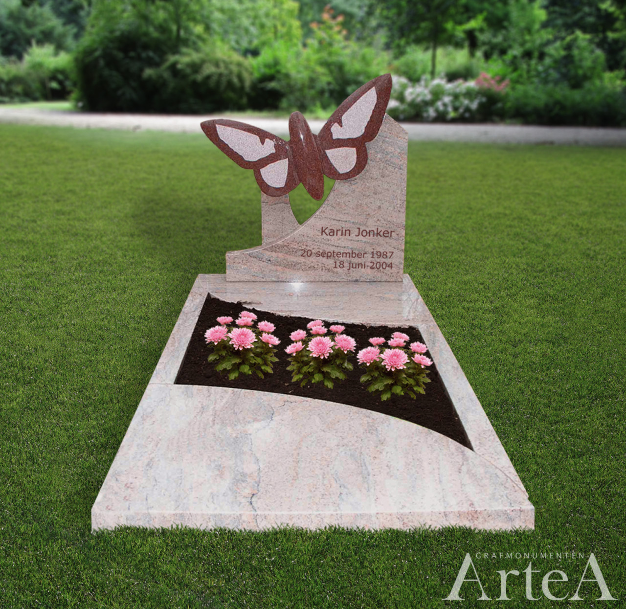 Kindermonument met vlinder kindergraf graniet met dieren