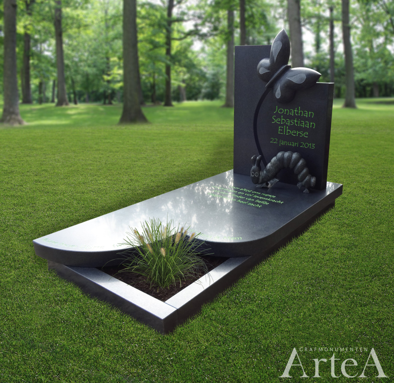 Kindermonument met vlinder en rups kindersteen met dieren tuin van graniet