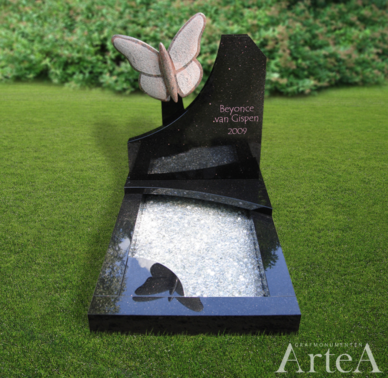 Kindermonument met vlinder kindersteen met zwart graniet uniek kindergraf