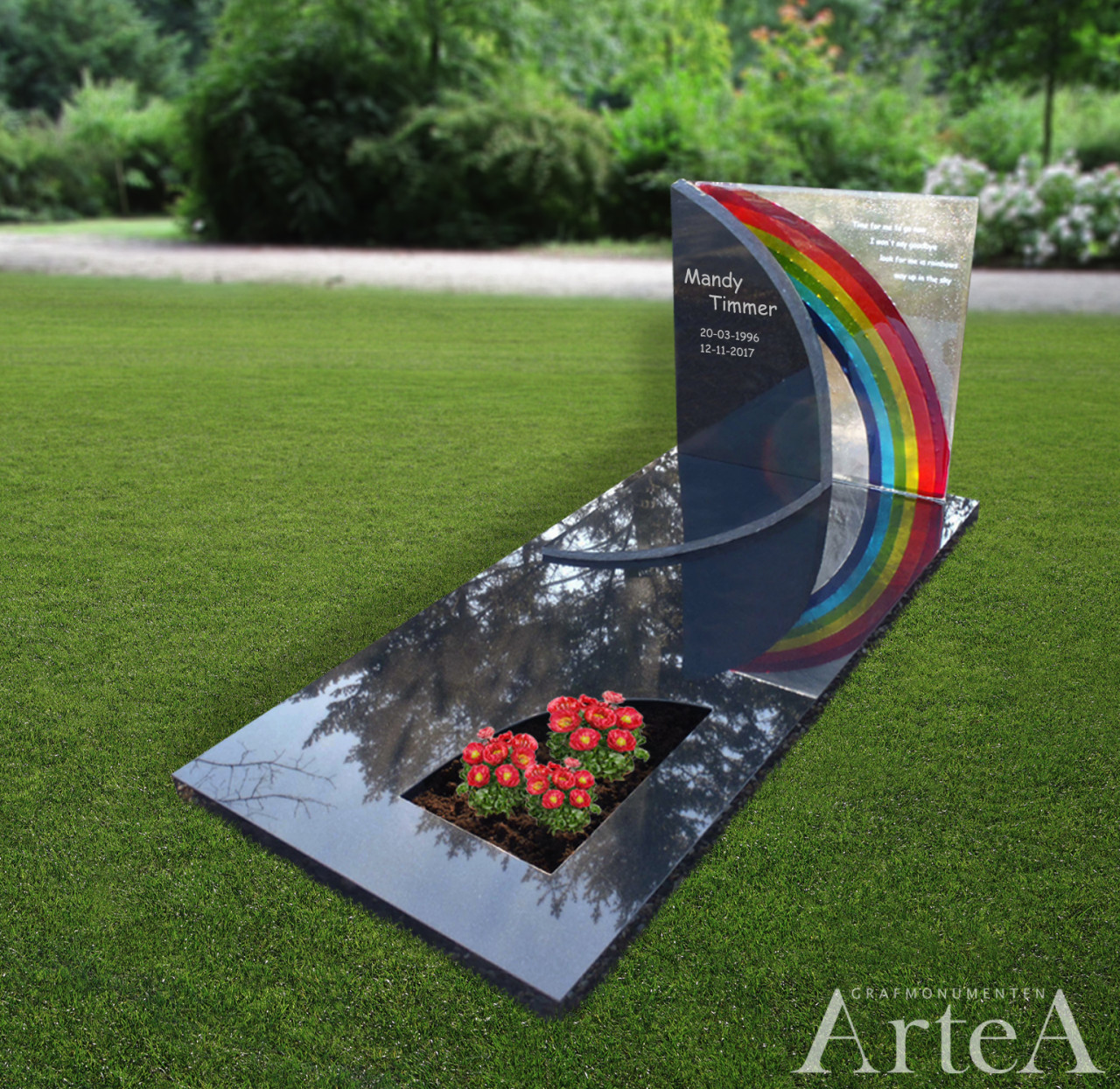 Kindermonument met glasplaat en regenboog kinderstee met tuin zwart graniet