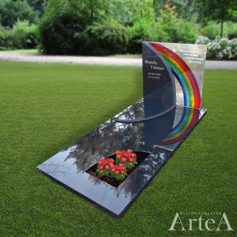 Kindermonument met glasplaat en regenboog kinderstee met tuin zwart graniet