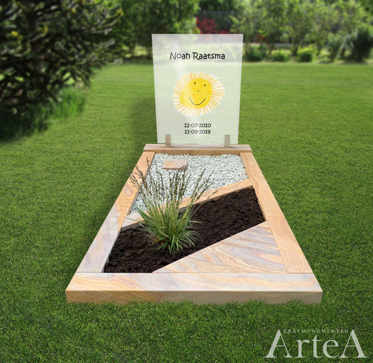 Kindermonument met glasplaat en tuin graniet