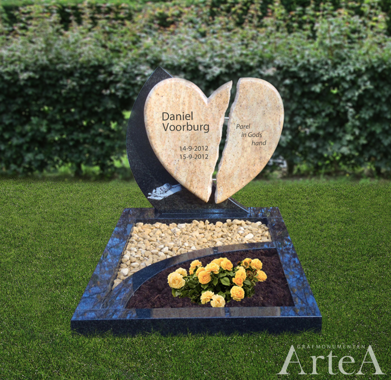 Kort grafmonument met gebroken hart en tekst en tuin