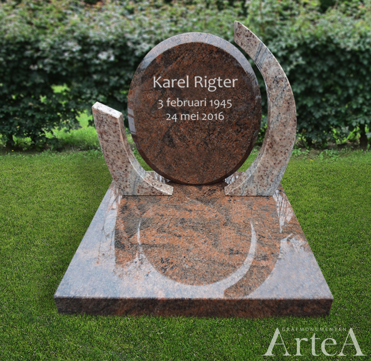 Kort grafmonument met rood graniet