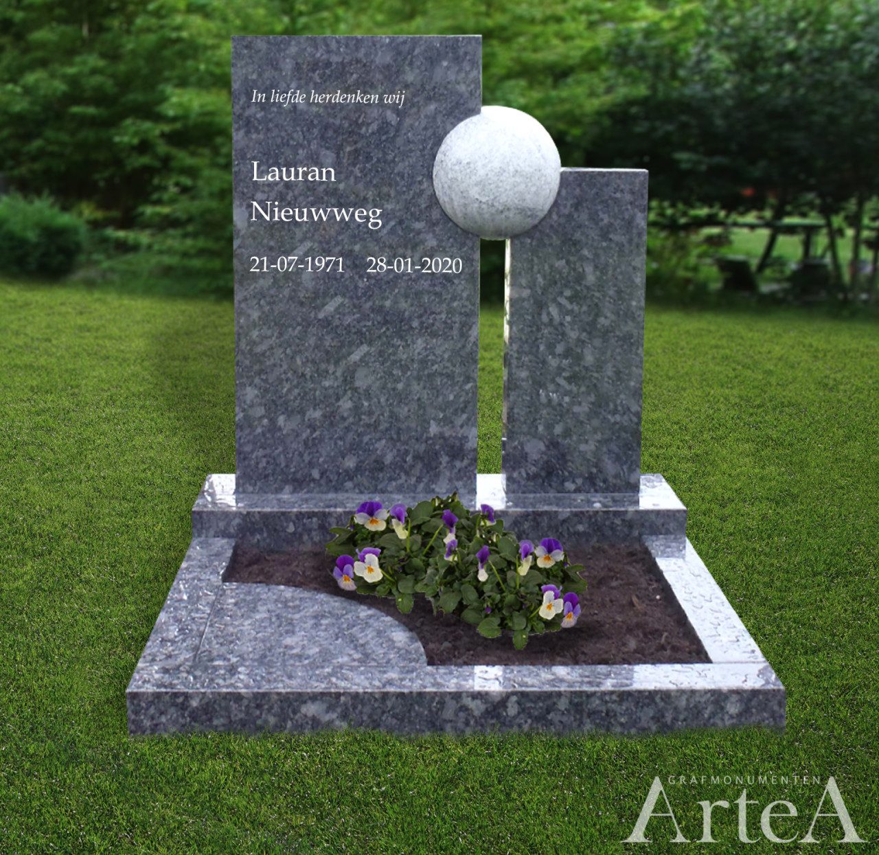 Korte grafsteen met bal grijs blauw graniet