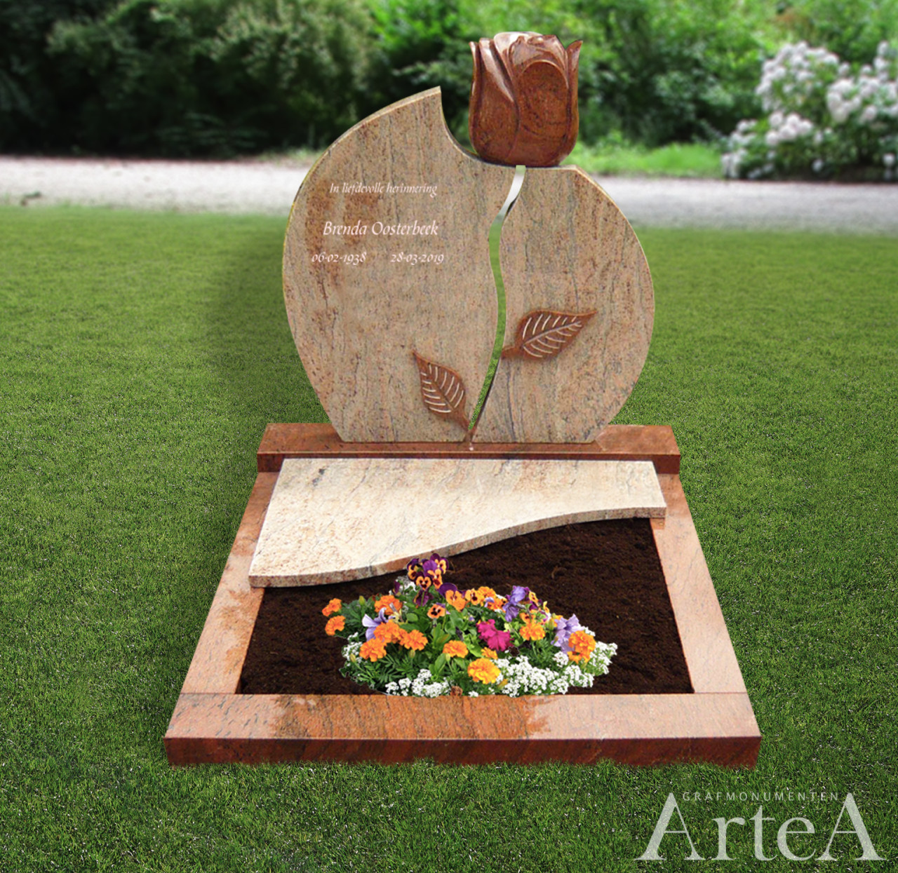 Korte grafsteen met rood graniet en tuin