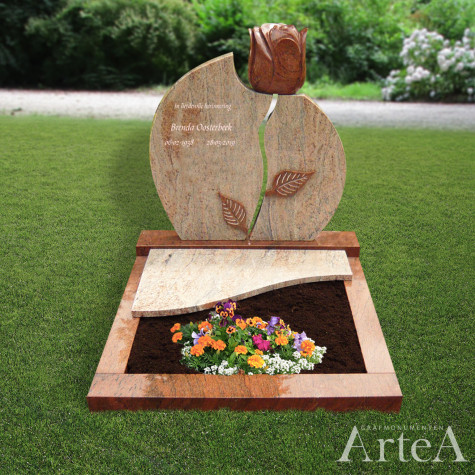 Korte grafsteen met rood graniet en tuin