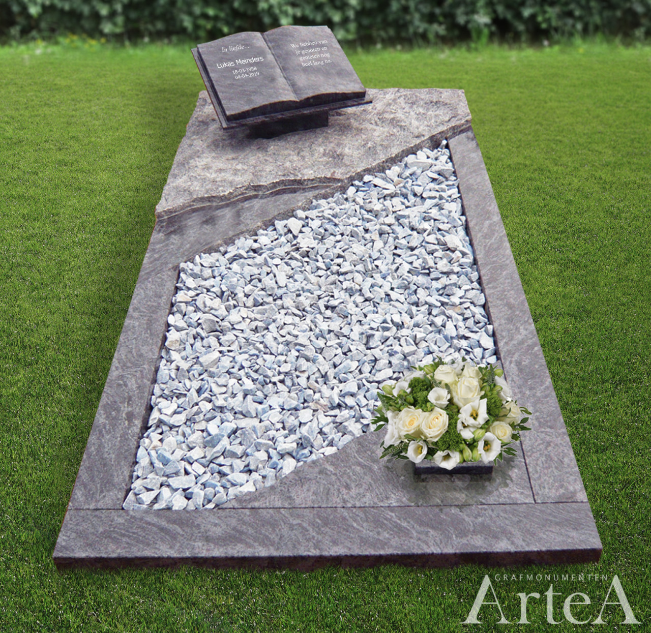 Liggend grafmonument met een ruw gedeelte en graniet