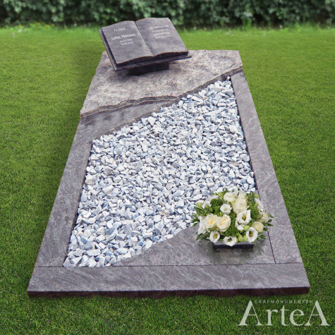 Liggend grafmonument met een ruw gedeelte en graniet
