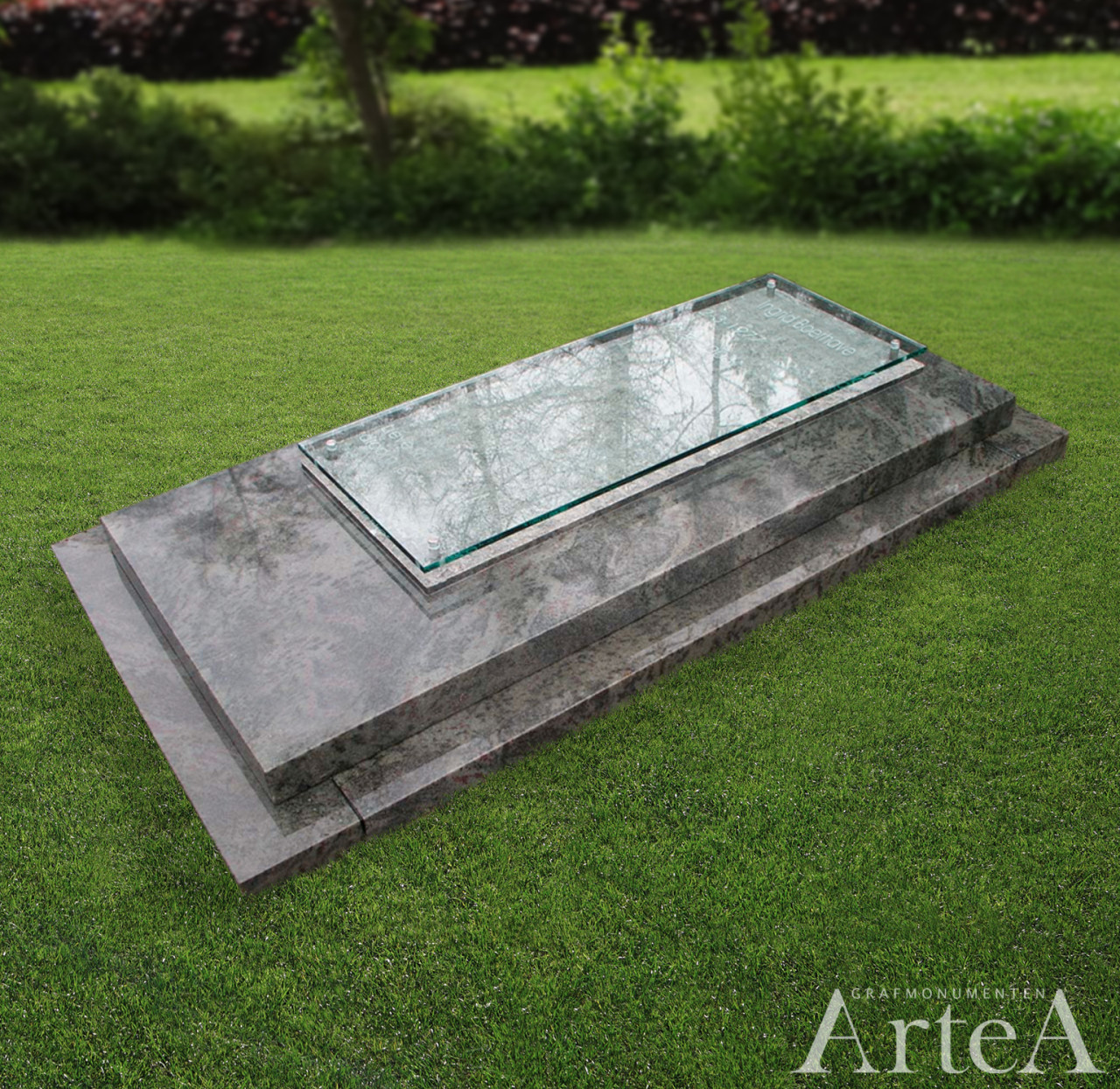 Liggend grafmonument grafzerk met glasplaat grijs blauw graniet