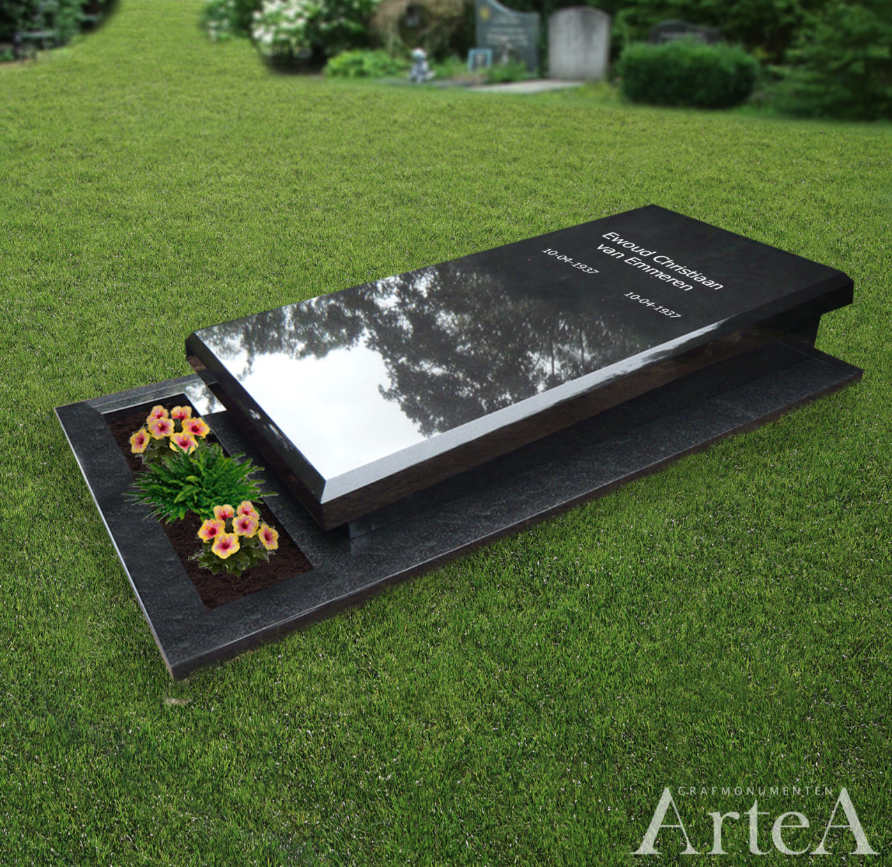 Liggende grafzerk zwart graniet met tuin en bloemen