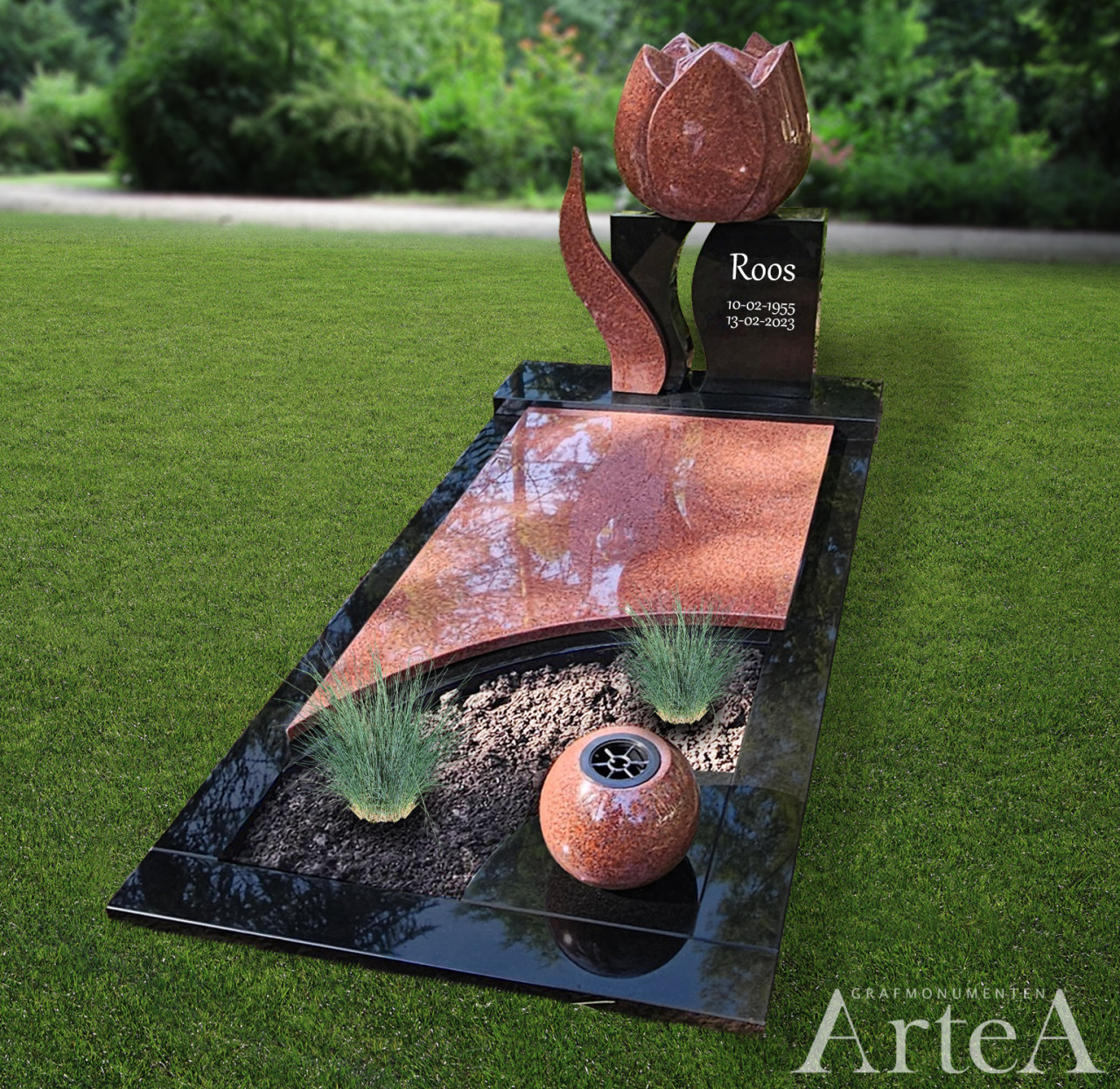 grafsteen in rood graniet met tulp