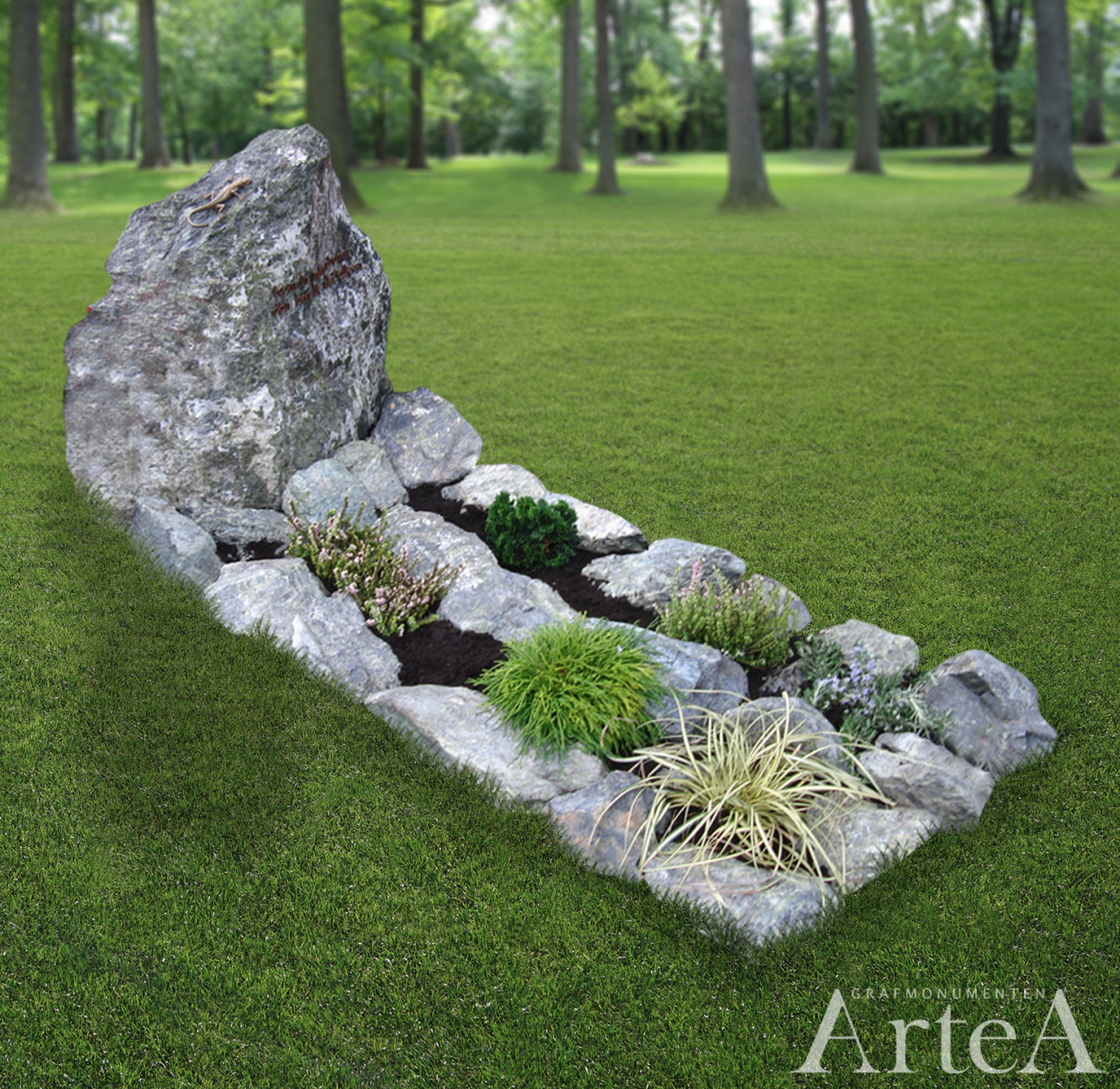 Ruwe kei gragmonument met stukken en tuin